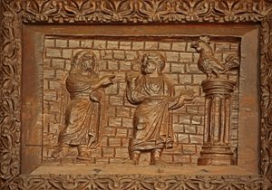 Panneau de la porte du 5ème siècle : Saint Pierre et le coq chantant - Unknown